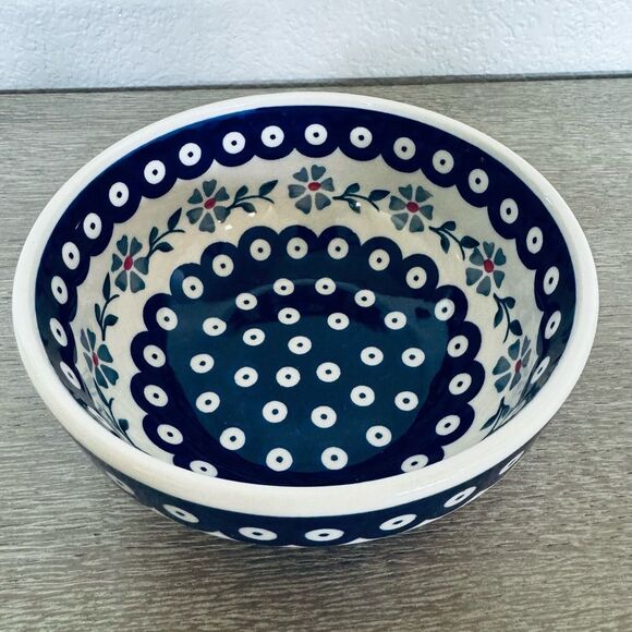 Boleslawiec Polish Pottery Blue Circles Floral Ceramic Soup Bowl - Picture 2 of 6